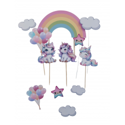 Topper zestaw 12 szt. jednorożec tęcza chmurki balony